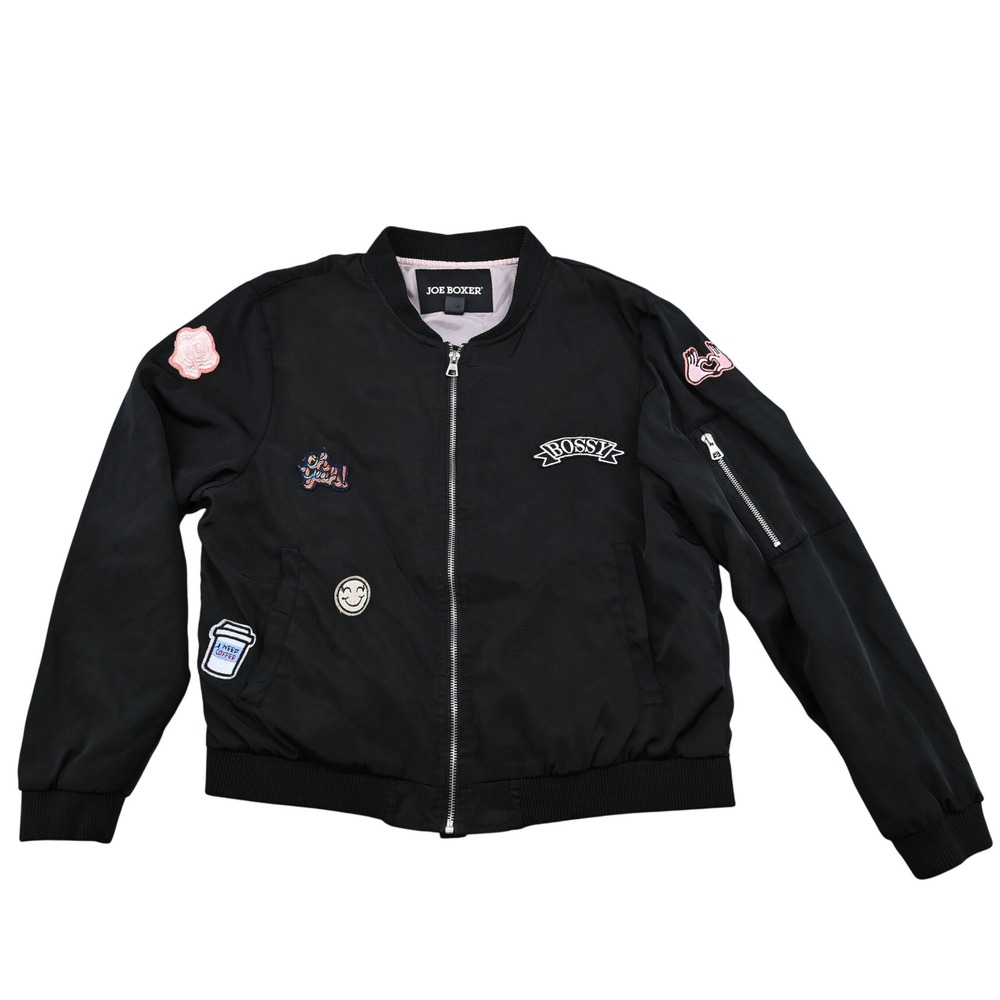Joe Boxer Womens Black Bomber Jacket Patches Smiley Coffee Bossy Full Zip L - Picture 1 of 14